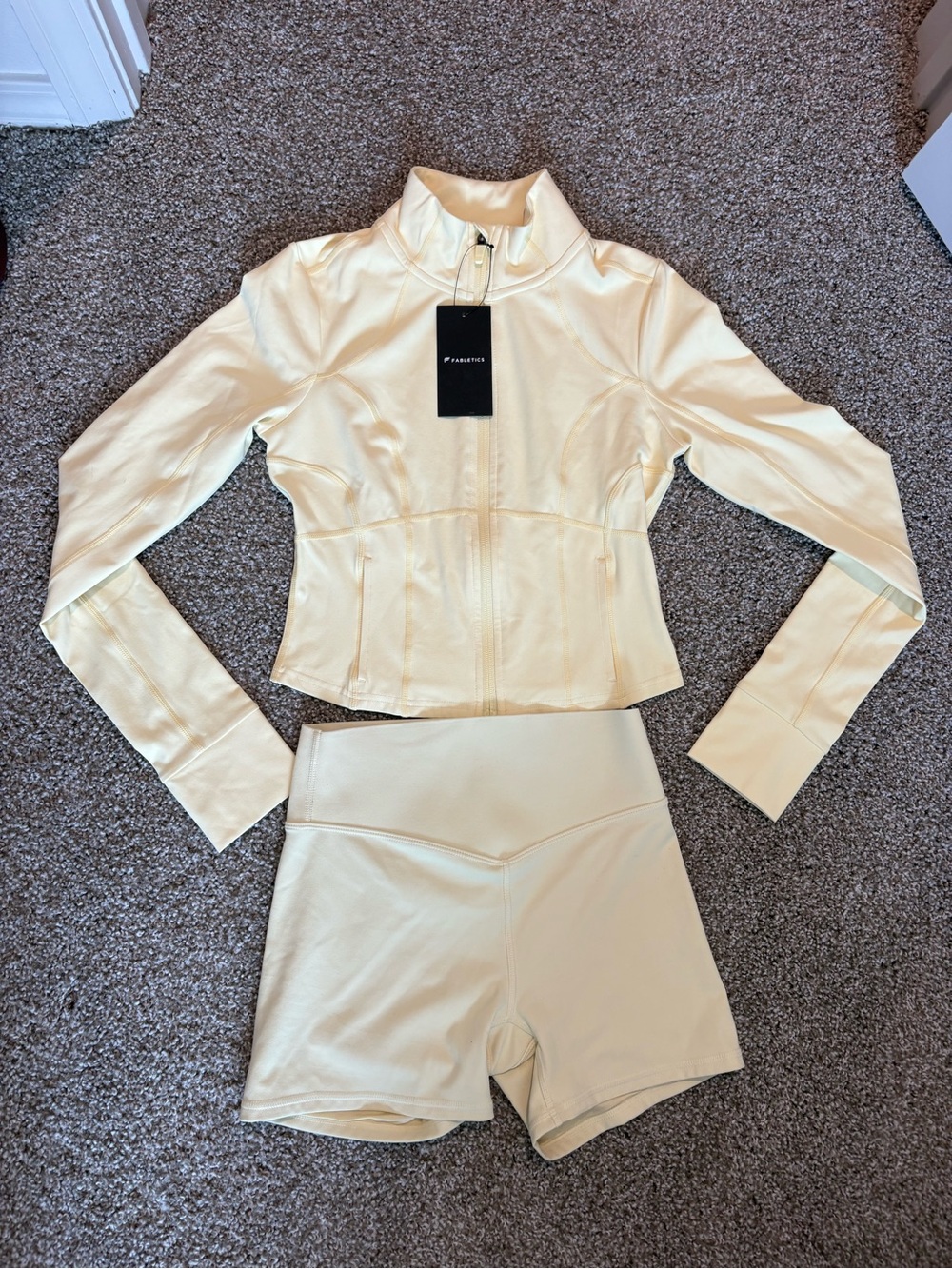 Fabletics Pale Yellow Cropped Zip Jacket & High-Waist Shorts Set